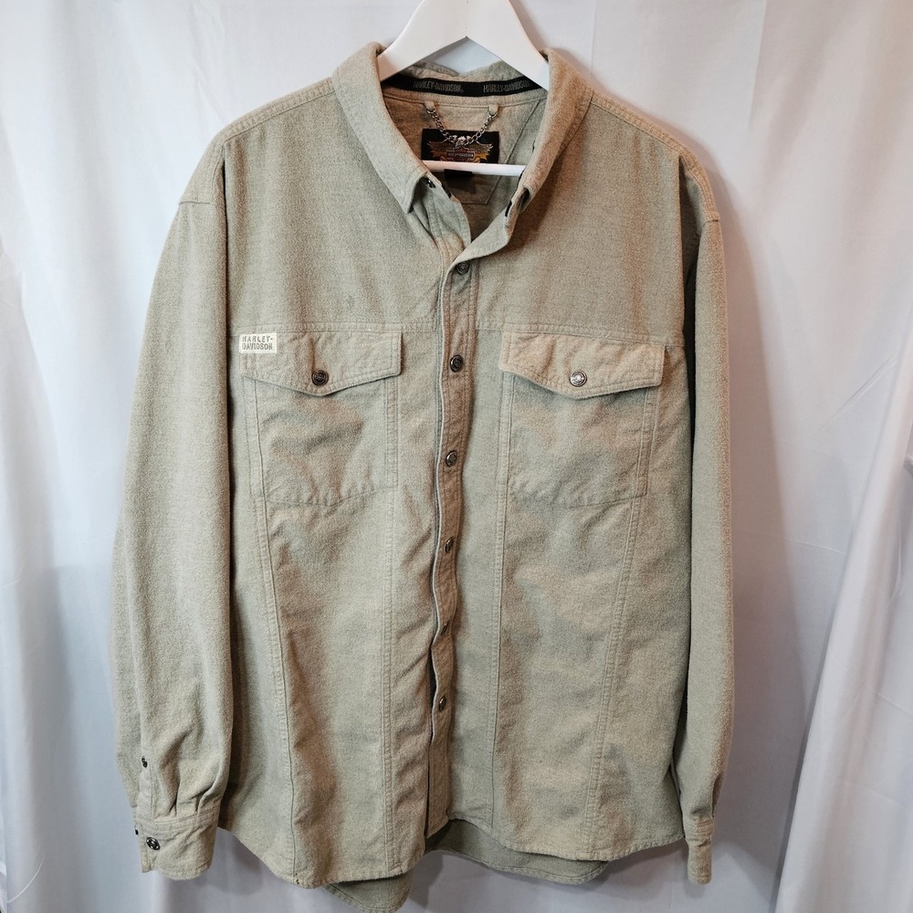 Harley-Davidson Flannel Shirt Mens XL Oatmeal Cotton Snap Logo Motorcycle VTG 90